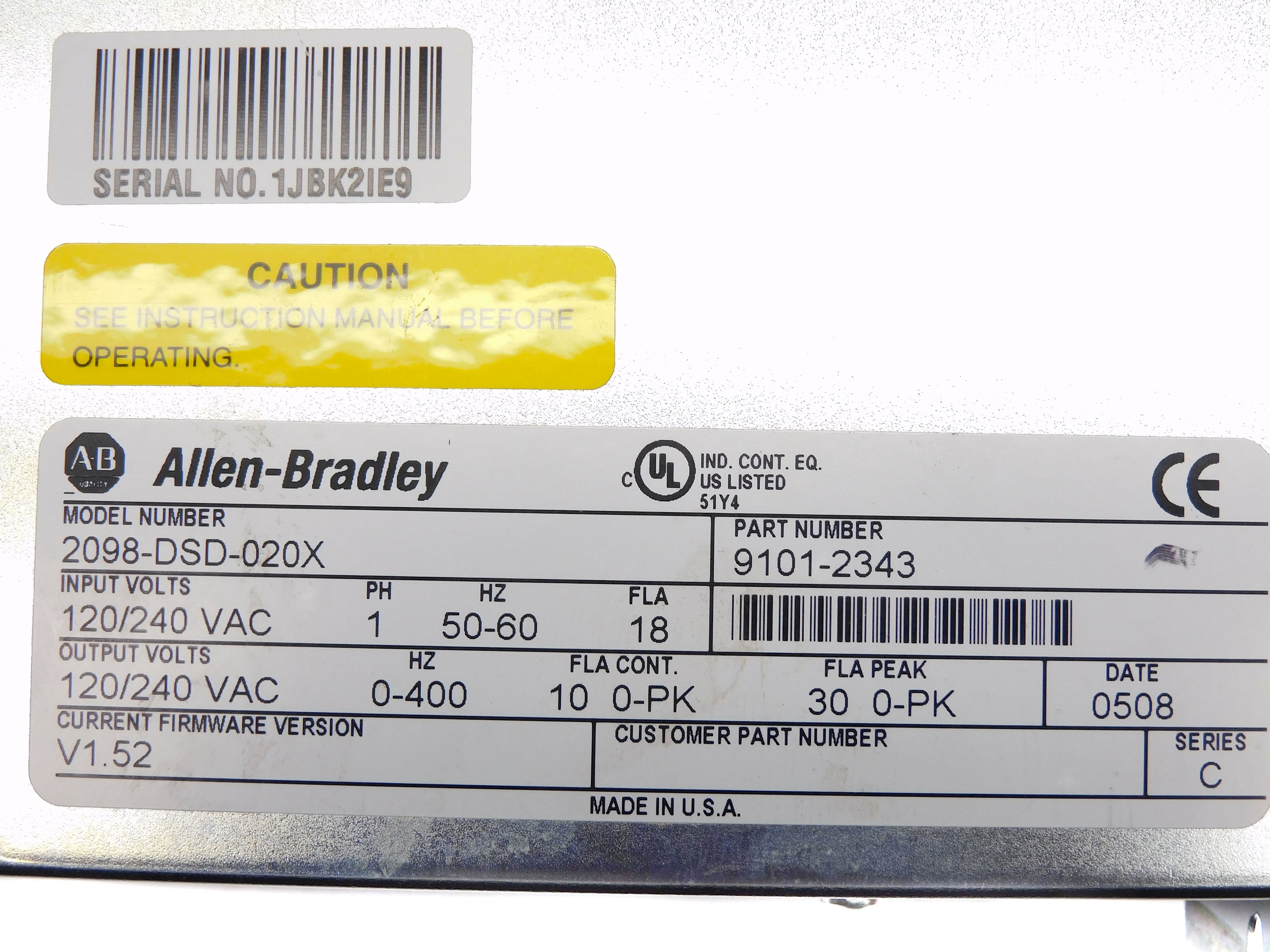ALLEN BRADLEY 2098-DSD-020X SER. C F/W 1.52 NSMP
