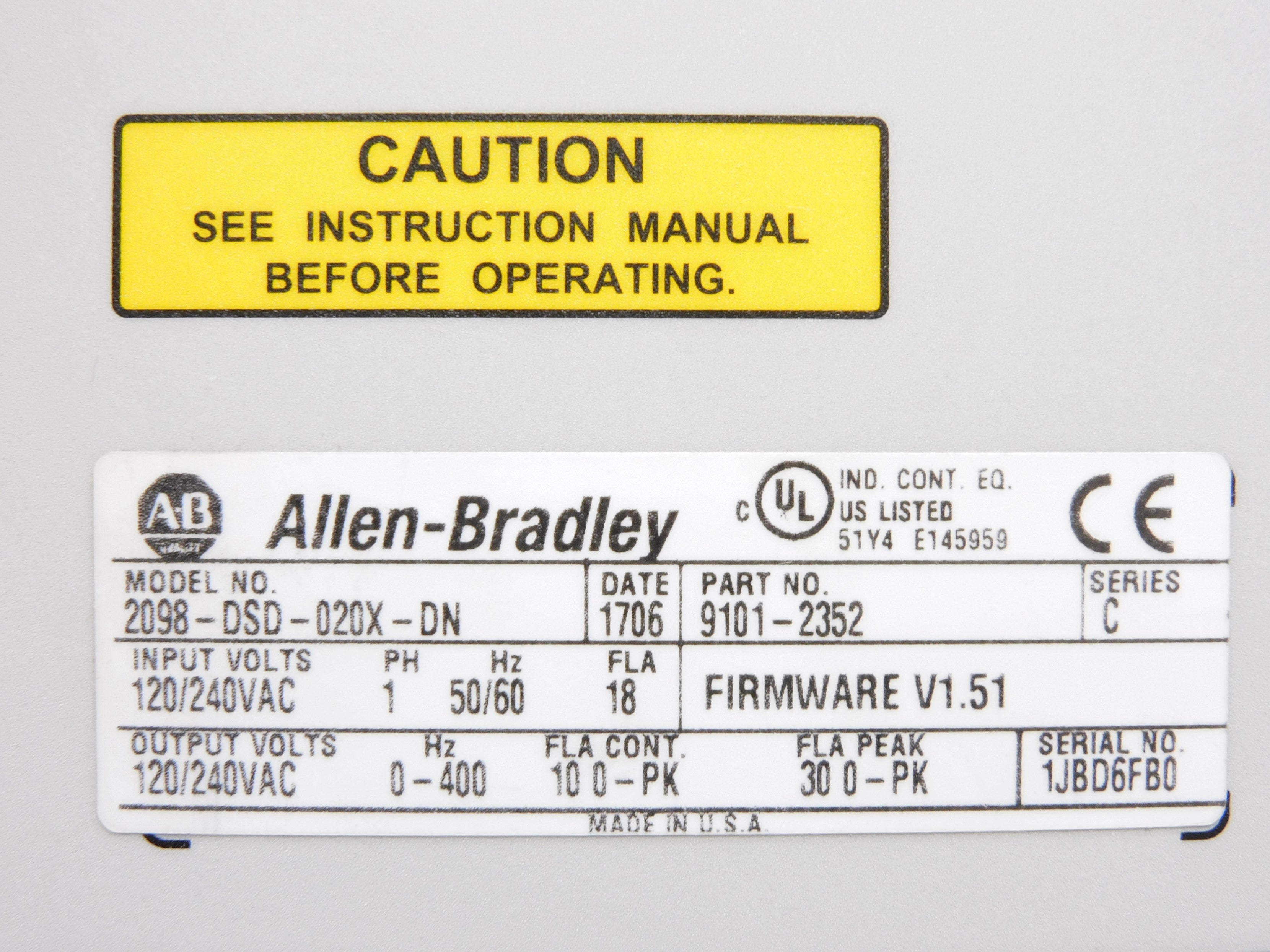 ALLEN BRADLEY 2098-DSD-020X-DN SER. C F/W V1.51 NSNP