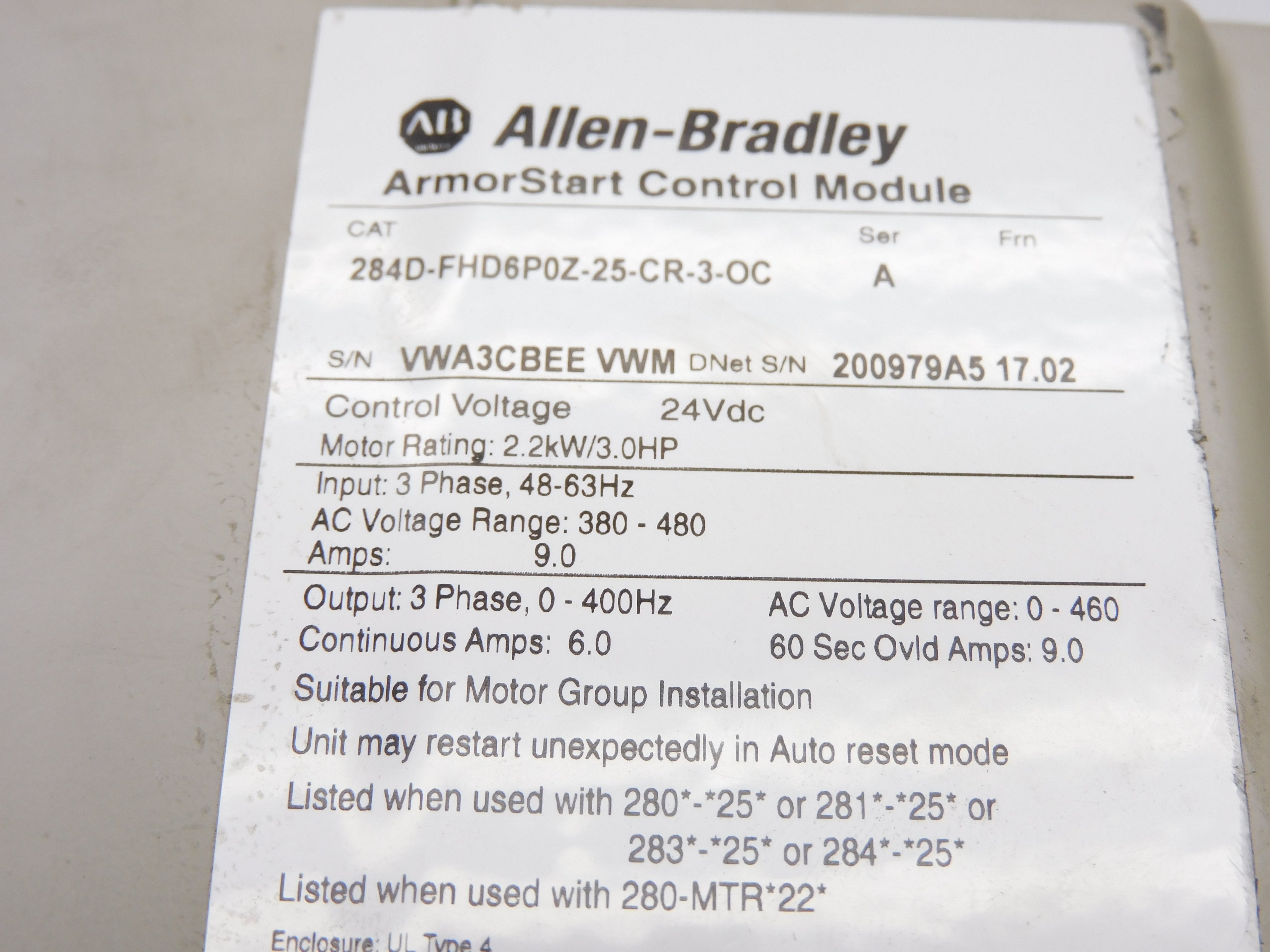 INDUSTRIAL SPARE PART 284D-FHD6P0Z-25-CR-3-OC SER. A UNMP