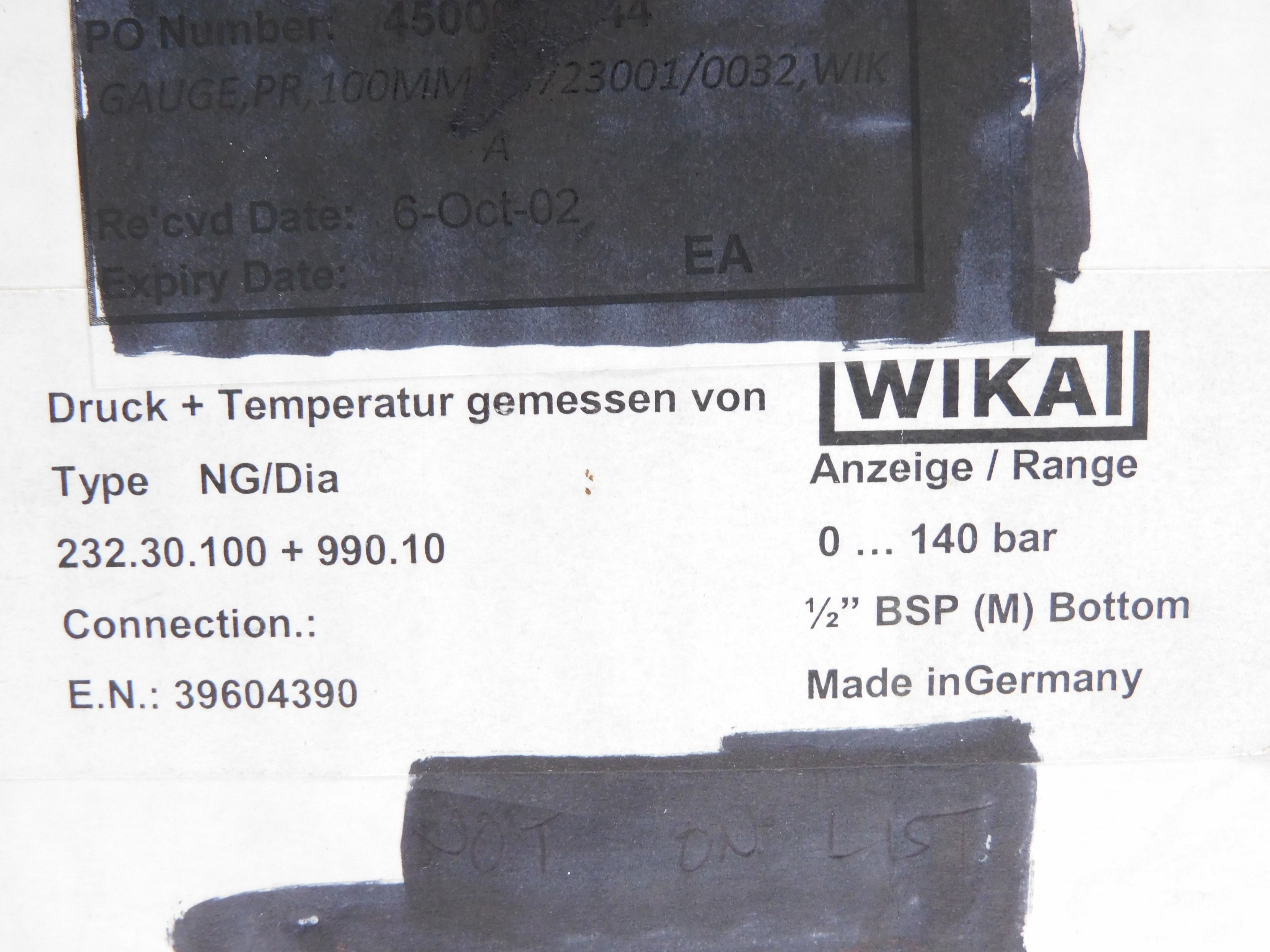 WIKA 232.30.100+990.10 0-140BAR (AS PICTURED) NSMP