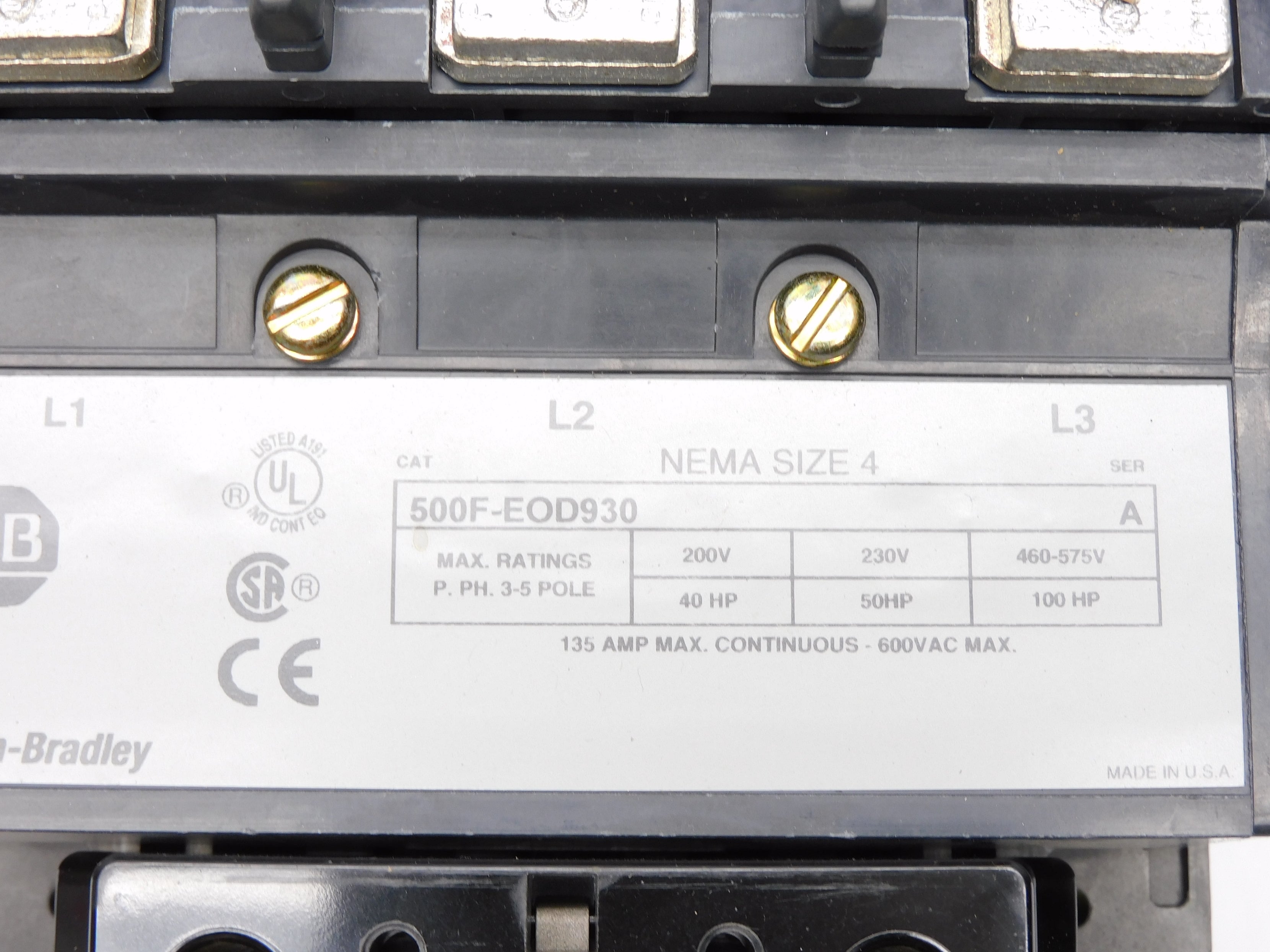 ALLEN BRADLEY 500F-EOD930 SER. A 110/115-120V 135A (BR/WH) NSMP