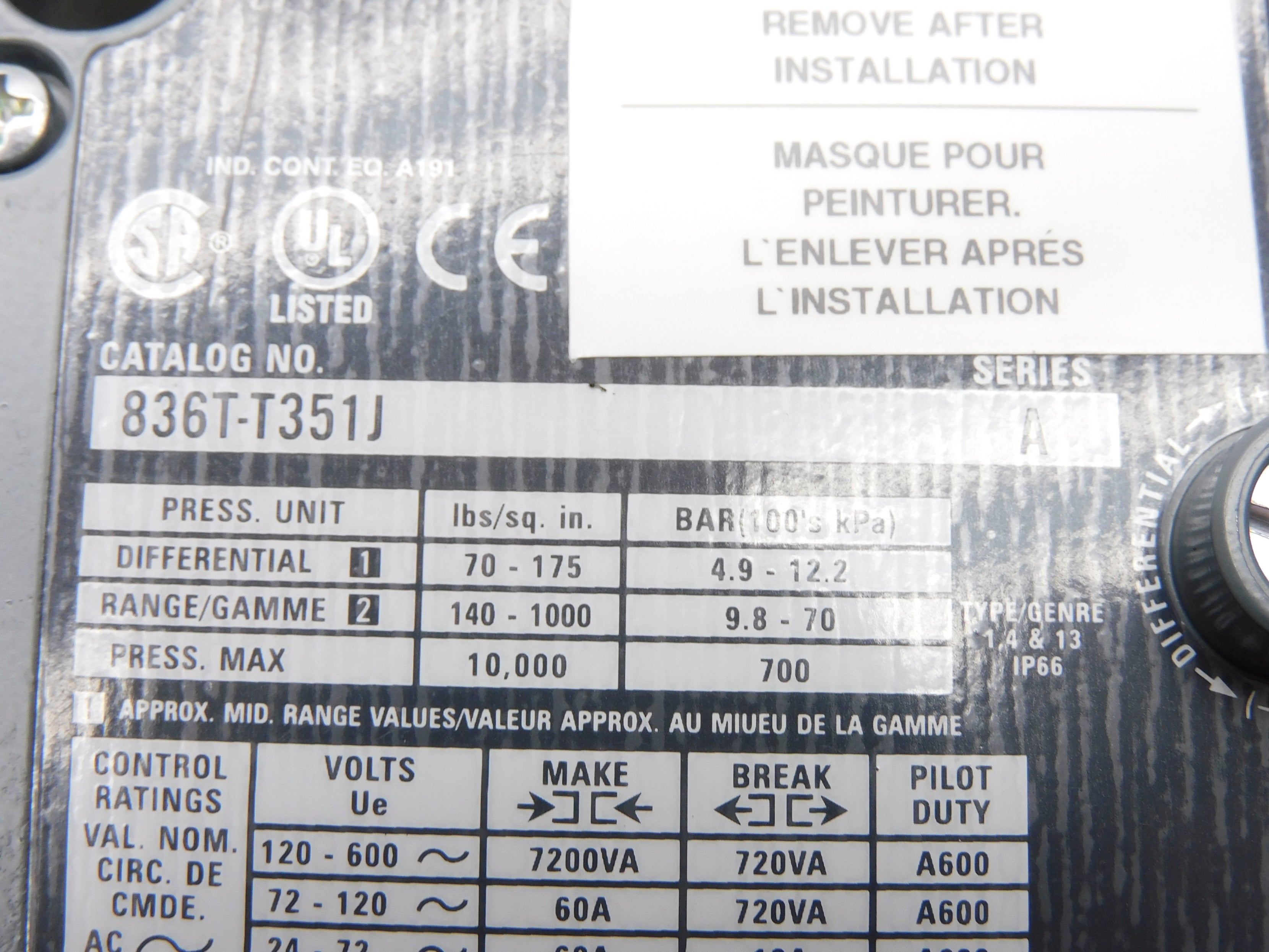 ALLEN BRADLEY 836T-T351J SER. A 120-600VAC 60A 140-1000PSI (BR/WH) NSMP