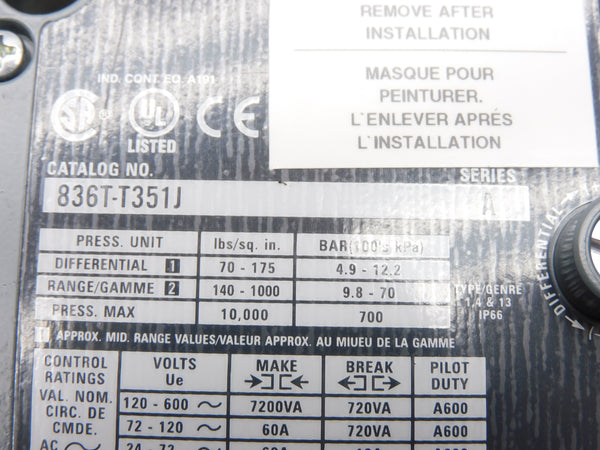 ALLEN BRADLEY 836T-T351J SER. A 120-600VAC 60A 140-1000PSI (BR/WH) NSMP