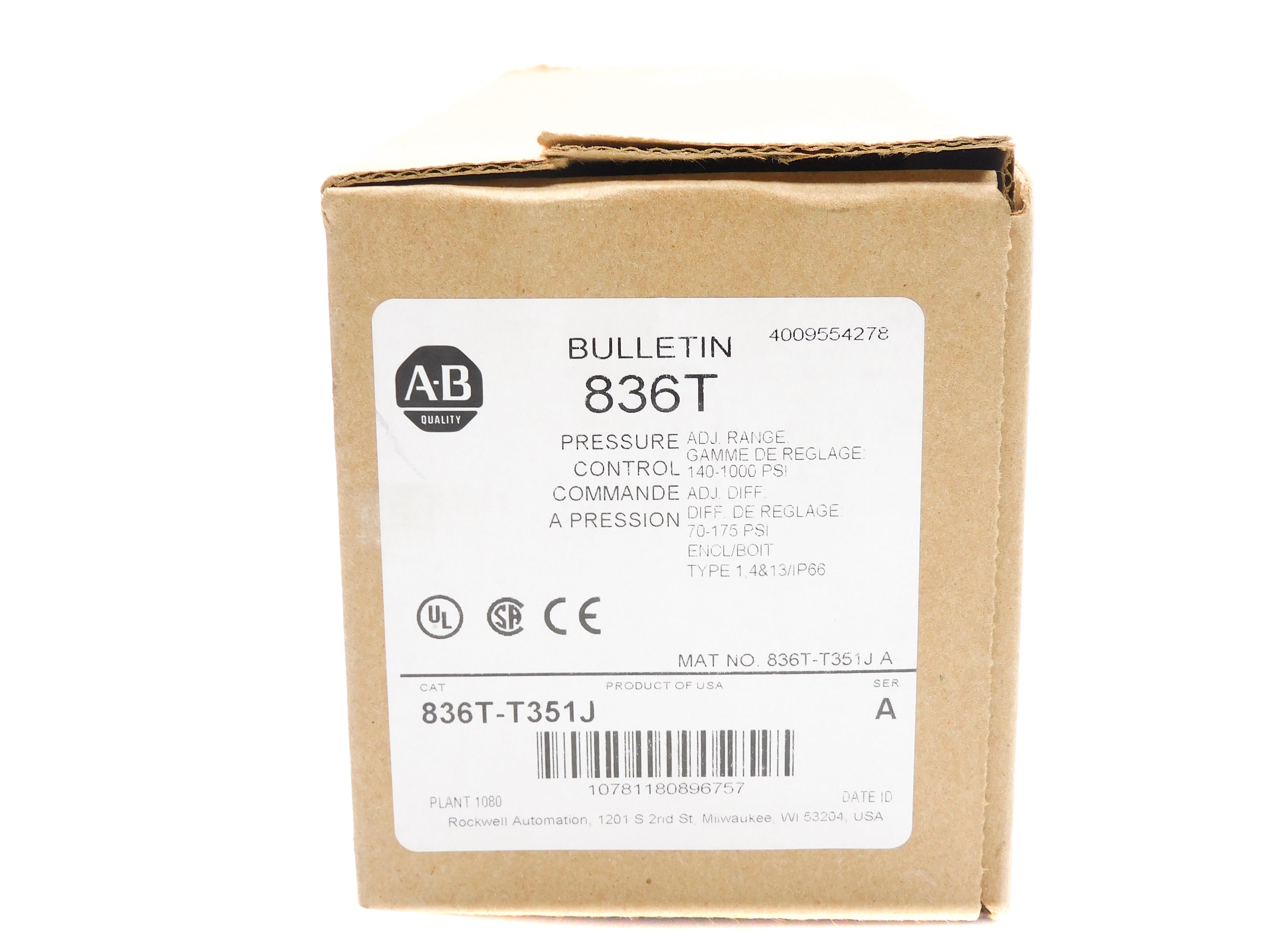 ALLEN BRADLEY 836T-T351J SER. A 120-600VAC 60A 140-1000PSI (BR/WH) NSMP