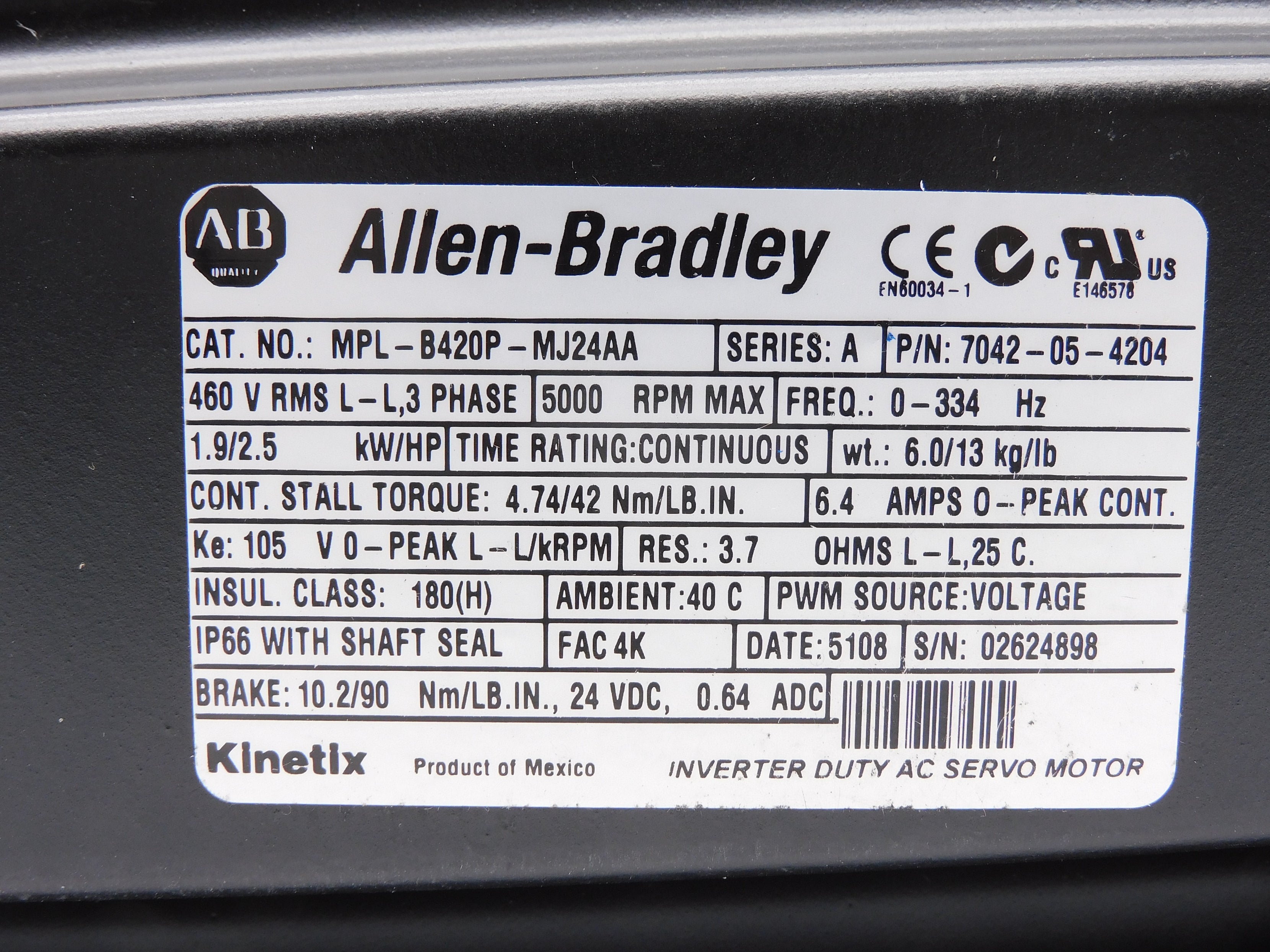 ALLEN BRADLEY MPL-B420P-MJ24AA SER. A NSMP