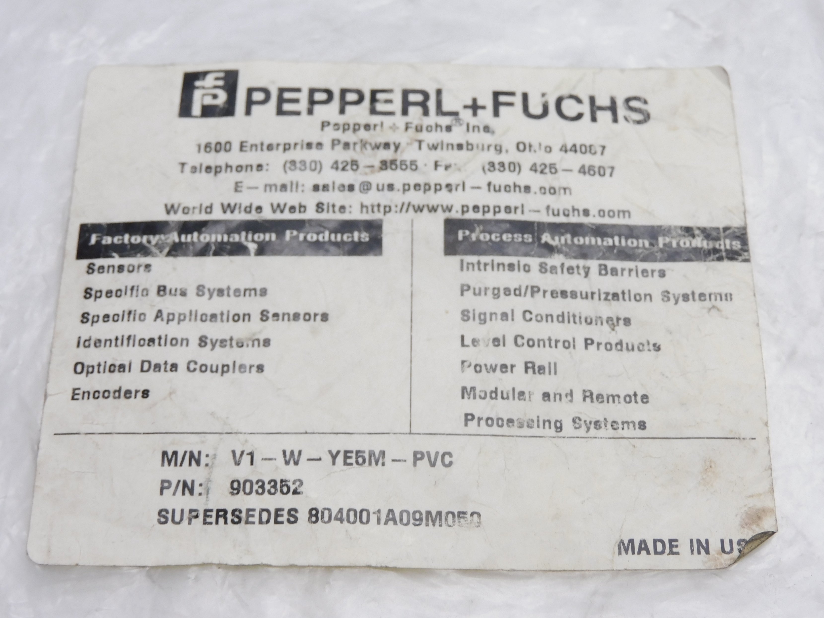 PEPPERL+FUCHS V1-W-YE5M-PVC (AS PICTURED) NSMP