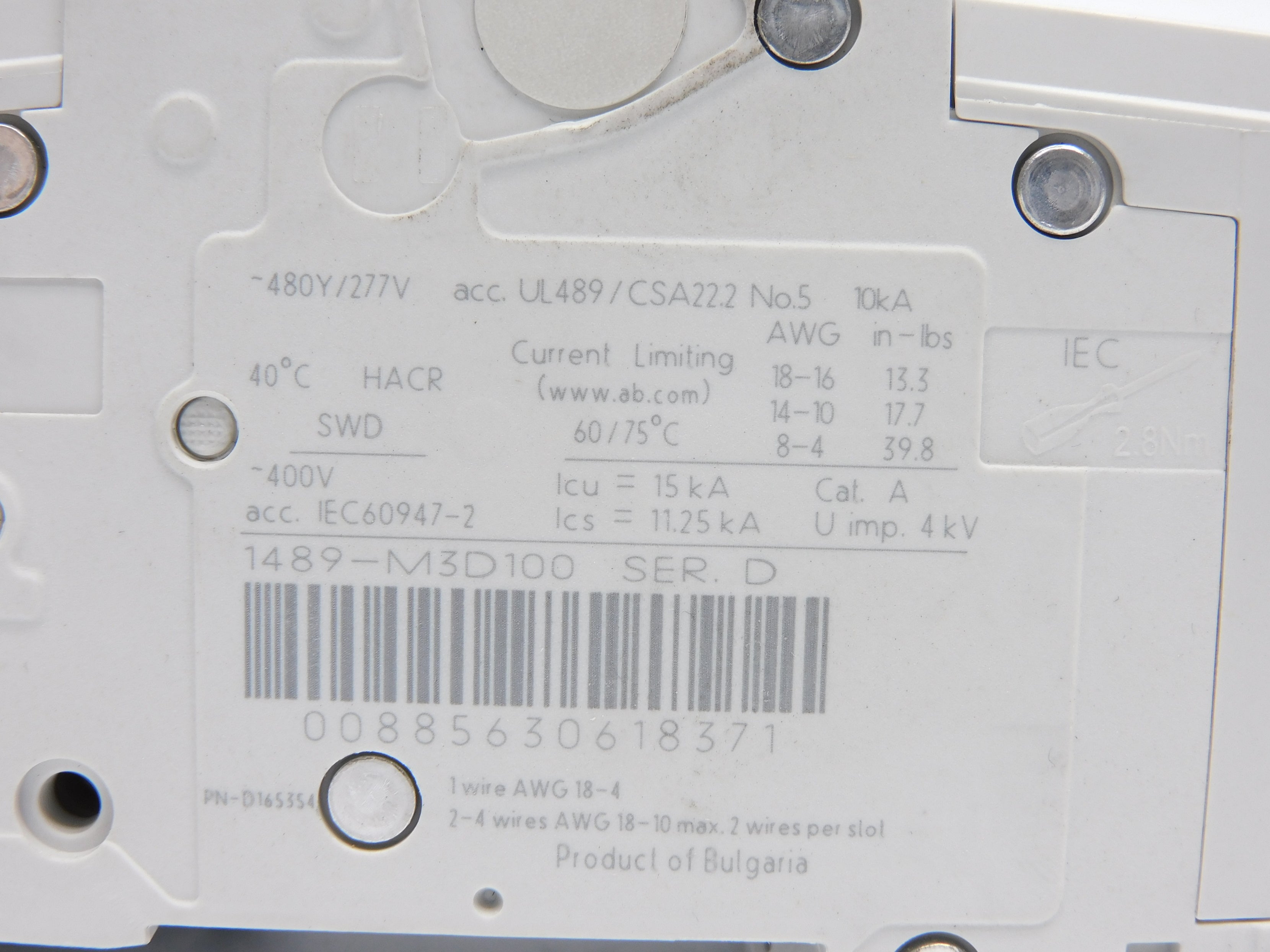 ALLEN BRADLEY 1489-M3D100 SER. D 10A 480/277V  NSNP