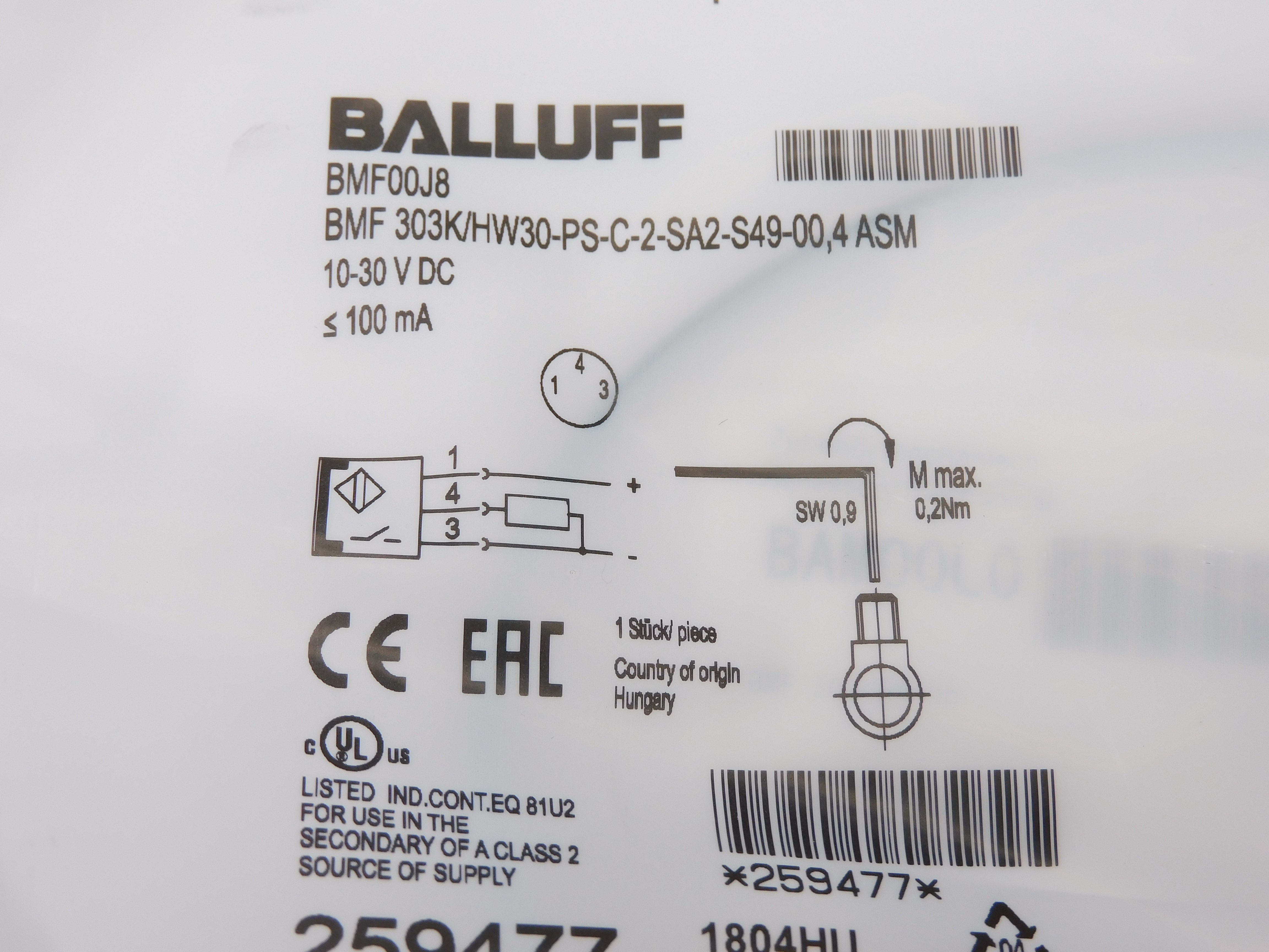 BALLUFF BMF303K/HW30-PS-C-2-SA2-S49-00,4ASM NSMP