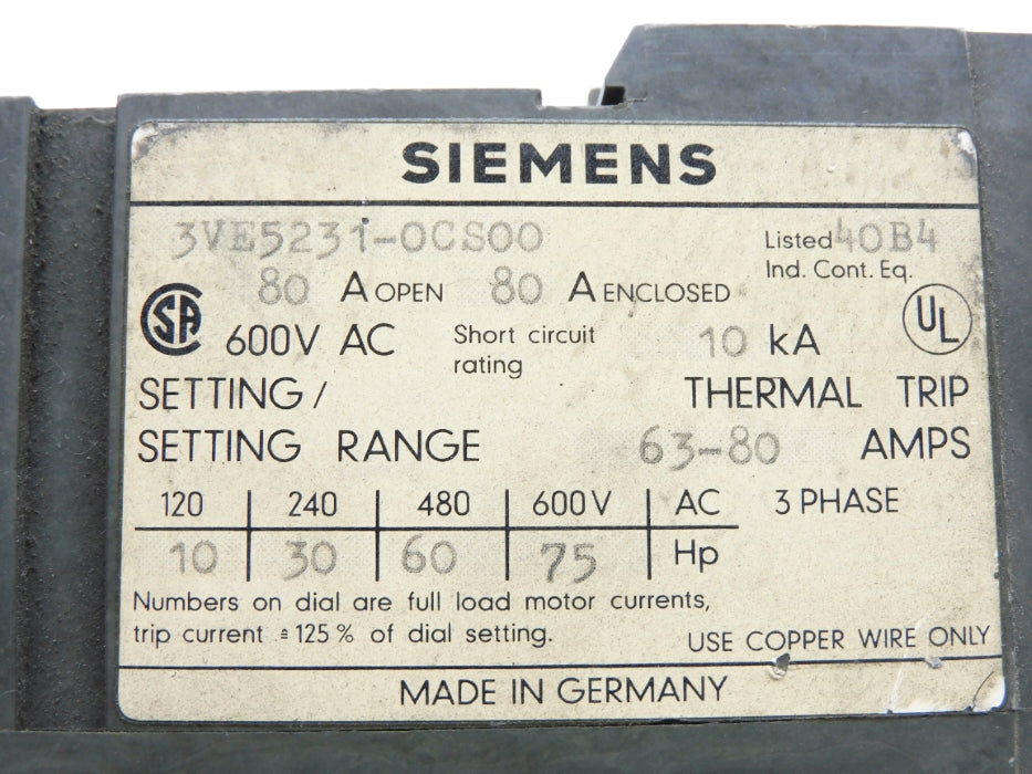SIEMENS 3VE5231-OCS00 63-80A 600VAC UNMP
