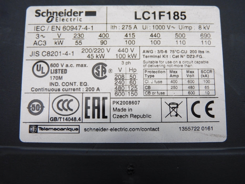SCHNEIDER ELECTRIC LC1F185 600V (AS PICTURED) UNMP