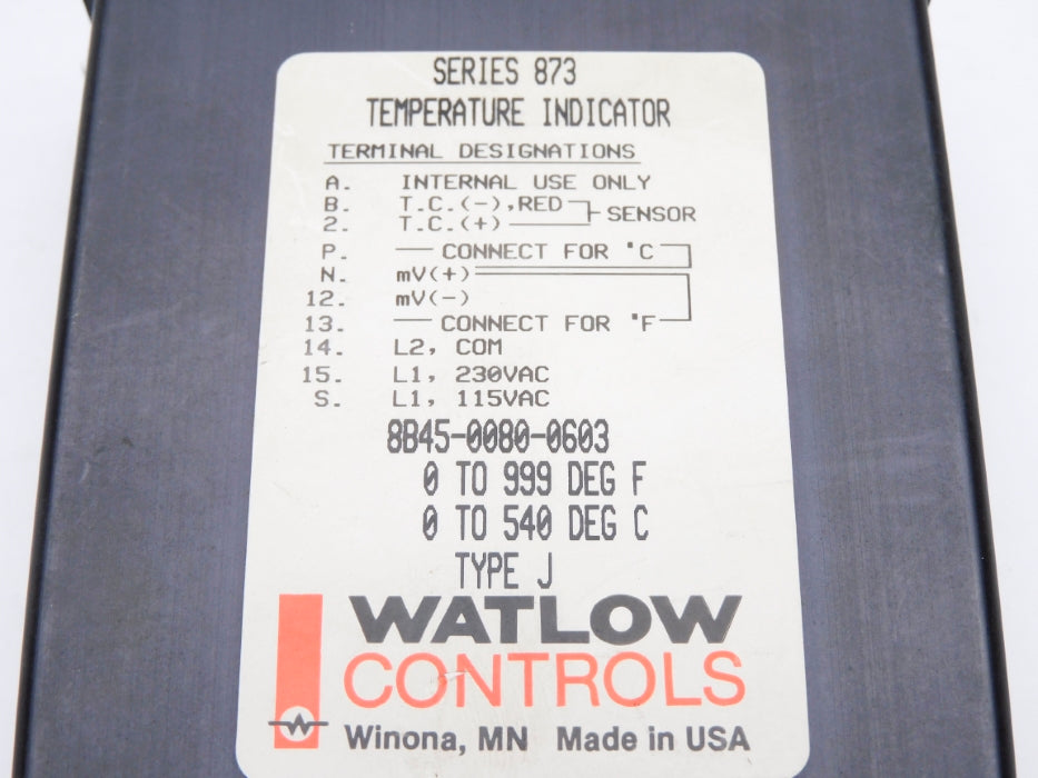 WATLOW CONTROLS 8B45-0080-0603 0-999'F 0-540'C UNMP