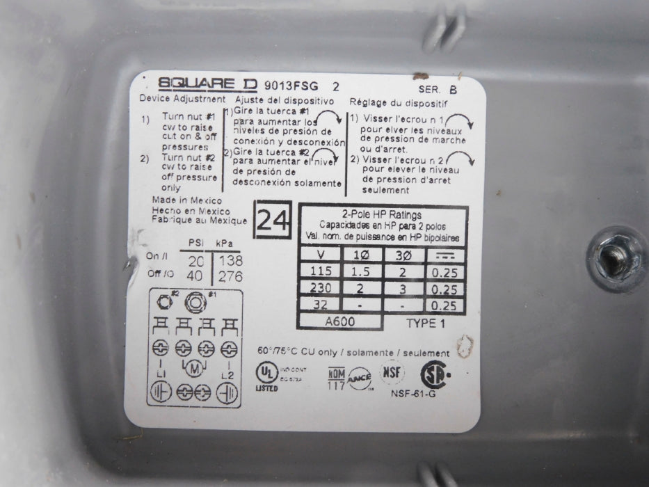 SQUARE D 9013FSG2 SER. B 20/40PSI UNMP