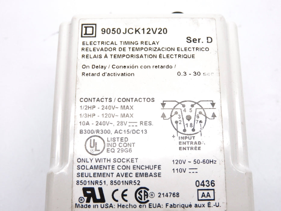 SQUARE D 9050JCK12V20 SER. D 0.3-30S 240V UNMP