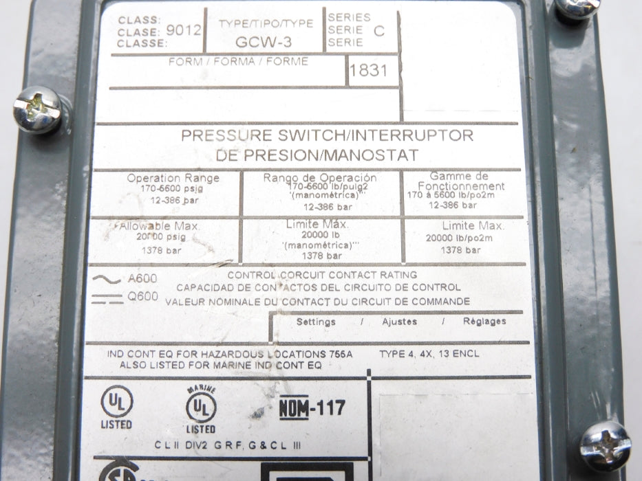 SQUARE D 9012GCW-3 SER. C 20000PSI NSNP