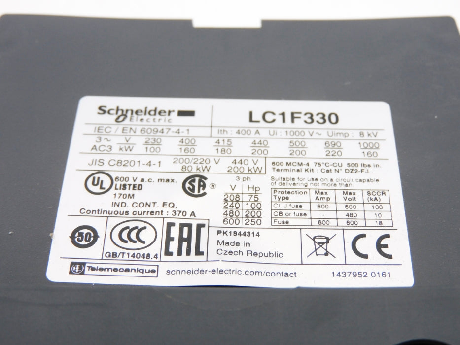 SCHNEIDER ELECTRIC LC1F330 600VAC 370A UNMP