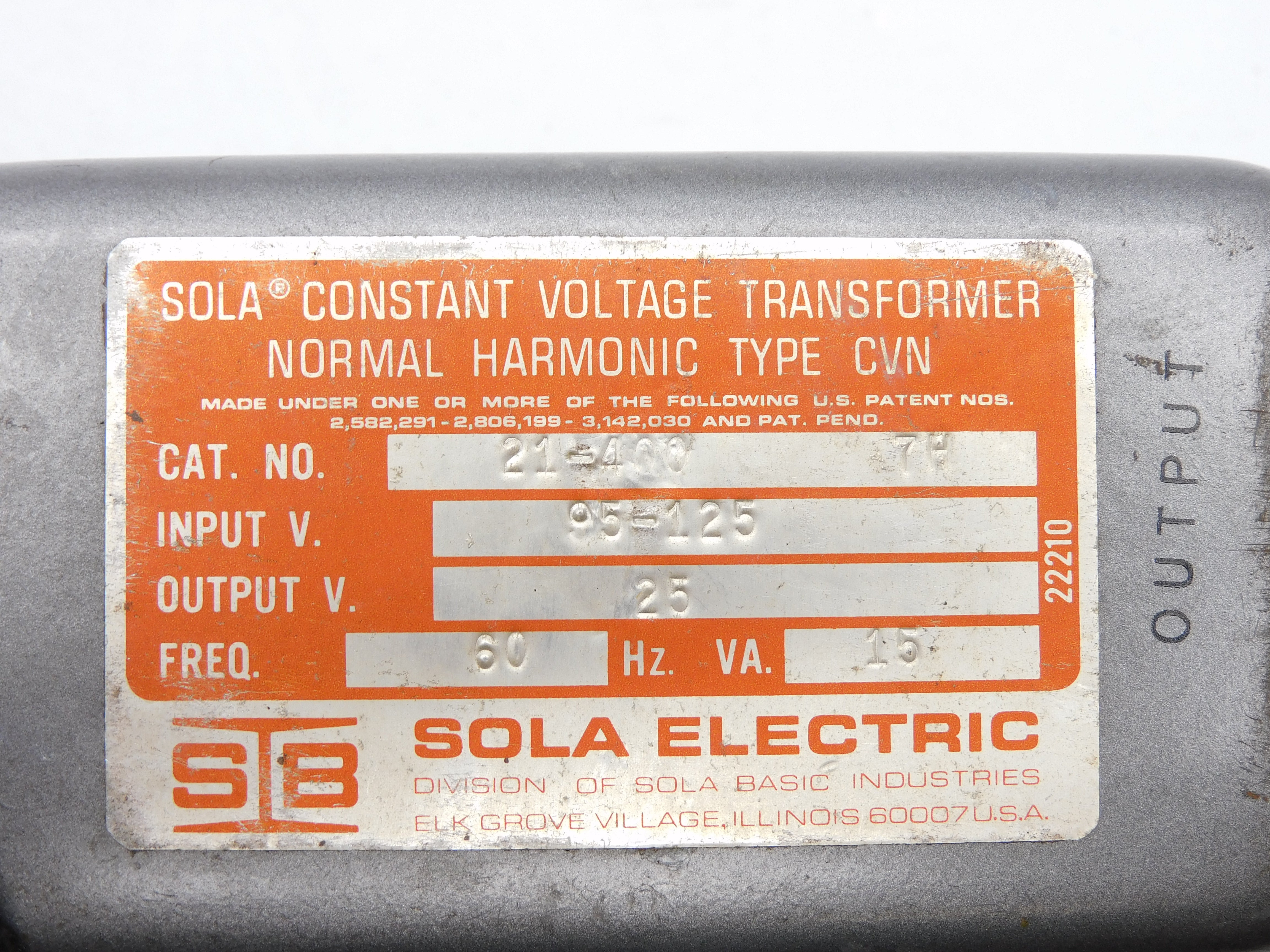 SOLA ELECTRIC 21-400 15VA UNMP
