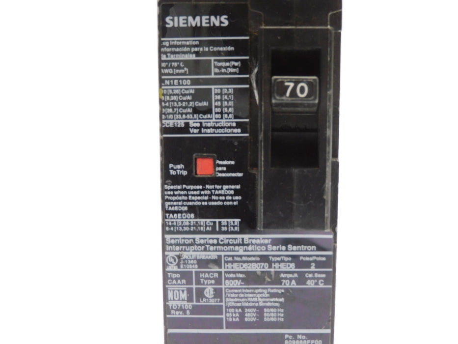 SIEMENS HHED62B070 70A 600V UNMP