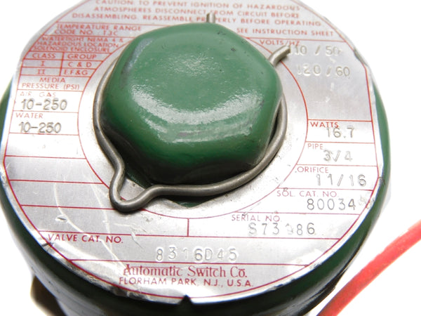 ASCO 8316D45 110/120V 10-250PSI 3/4" UNMP