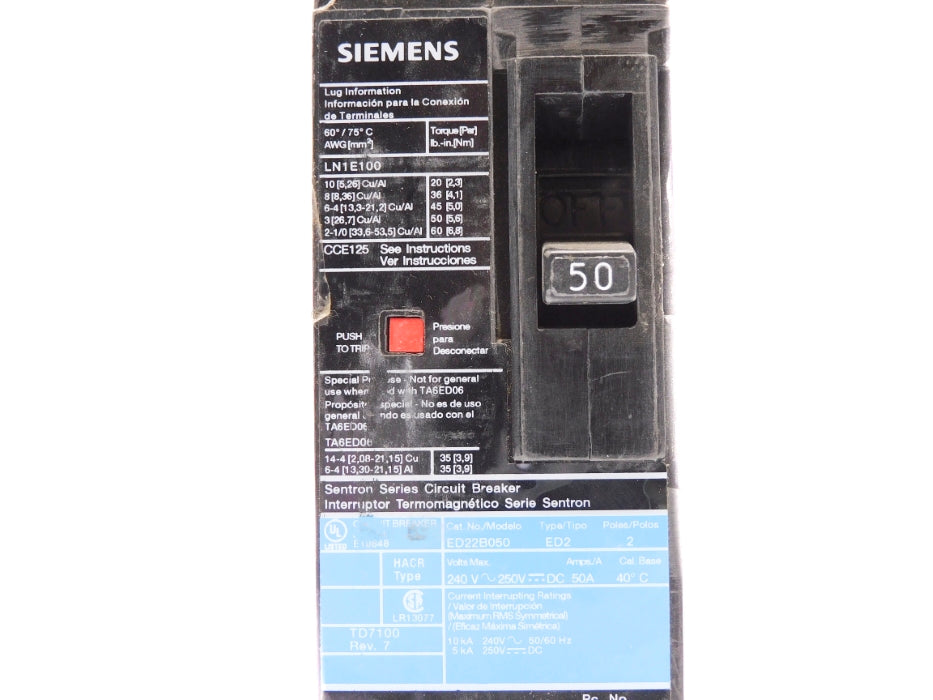 SIEMENS ED22B050 50A 240V UNMP
