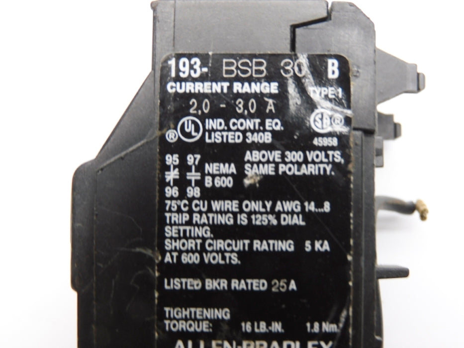 INDUSTRIAL SPARE PART 193-BSB30 SER. B 600V 2.0-3.0A UNMP