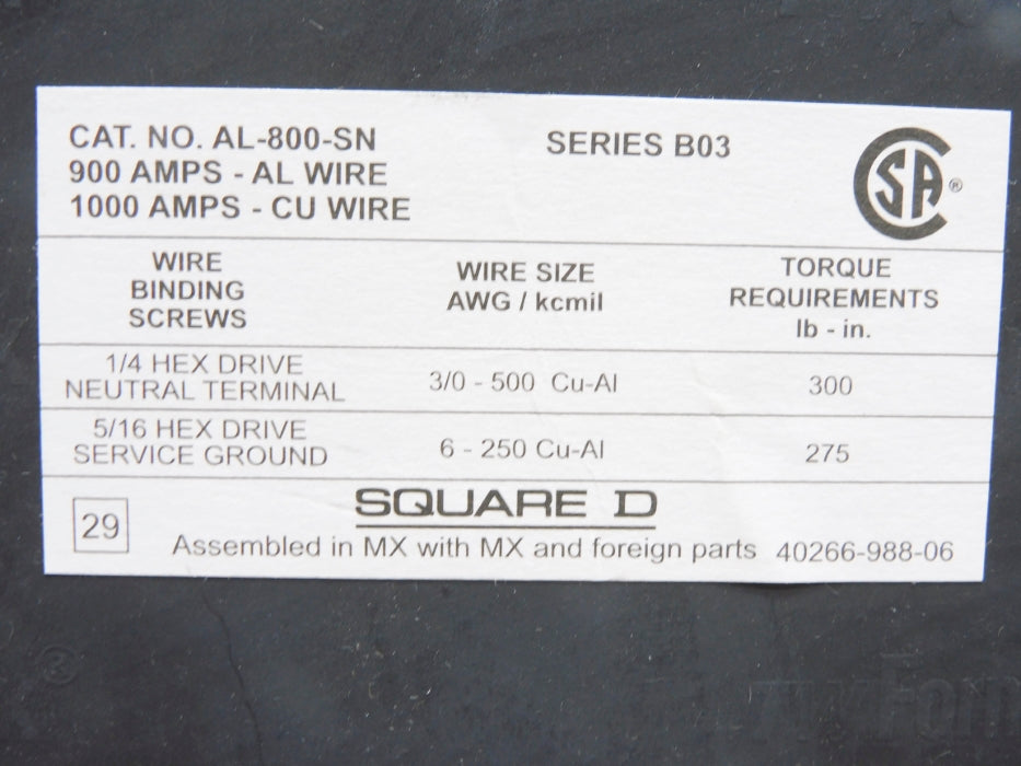 SQUARE D AL800SN SER. B03 NSNP