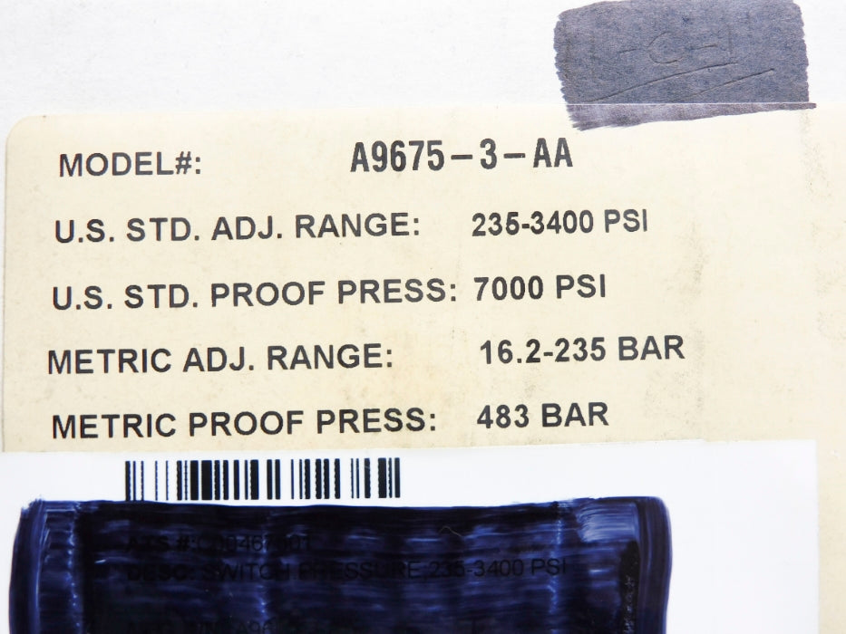 BARKSDALE A9675-3-AA 600VAC 15A 235-3400PSI NSMP