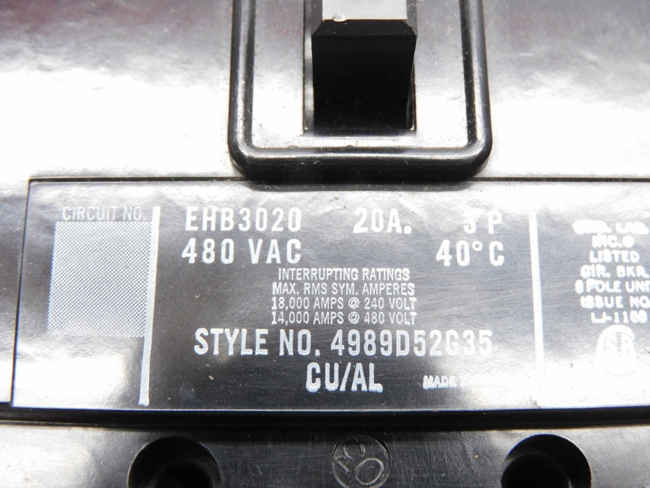CUTLER HAMMER EHB3020 20A 480VAC NSMP