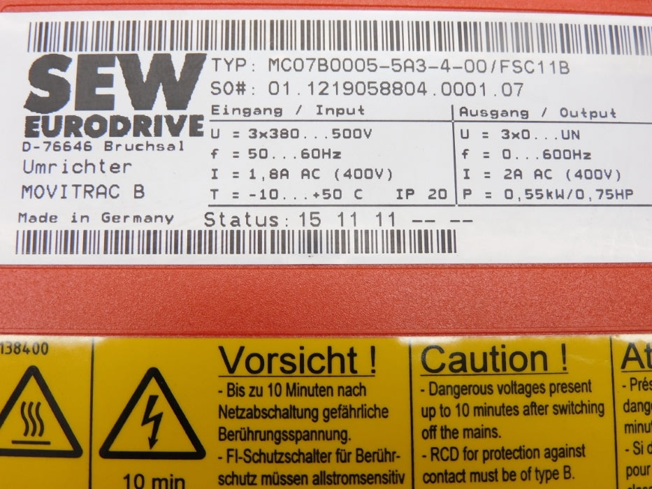 SEW EURODRIVE MC07B0005-5A3-4-00/FSC11B (AS PICTURED) NSNP