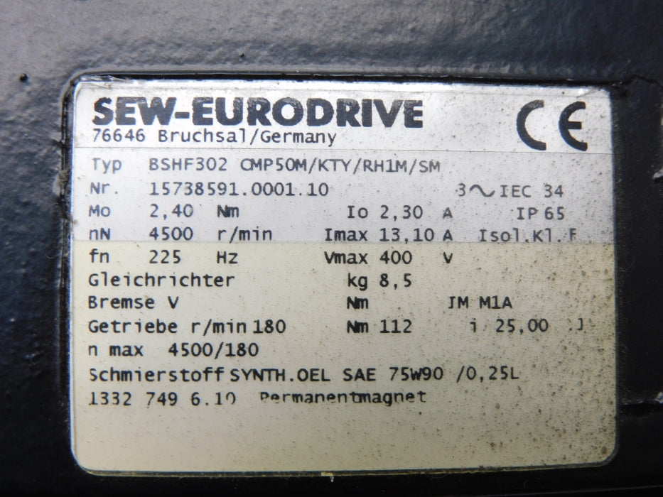 SEW EURODRIVE BSHF302CMP50M/KTY/RH1M/SM 15738591.0001.10 (AS PICTURED) NSNP