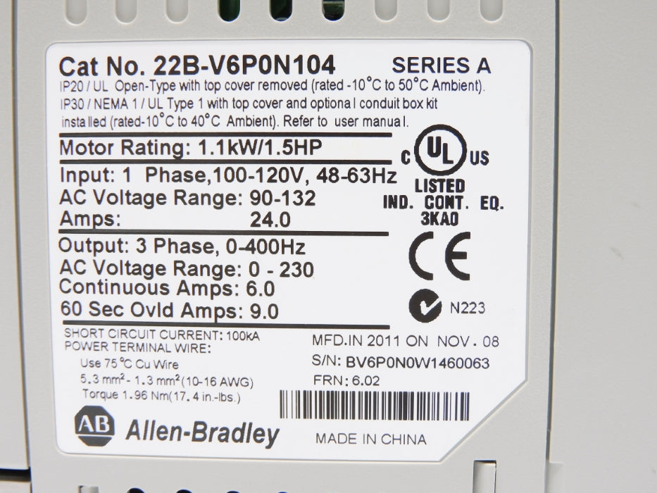 ALLEN BRADLEY 22B-V6P0N104 SER. A F/W 6.02 NSMP