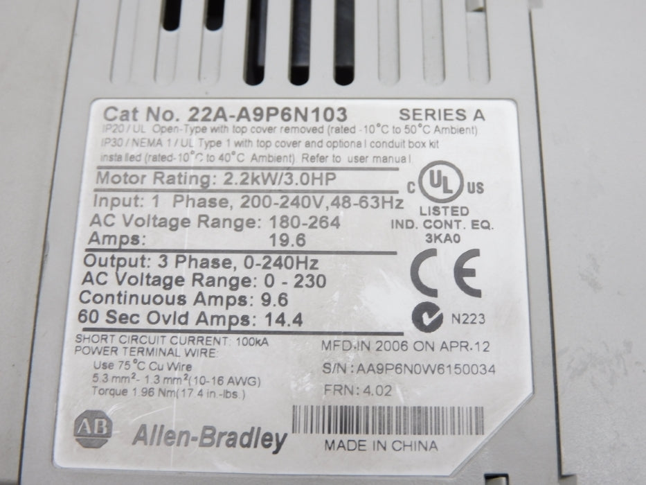 ALLEN BRADLEY 22A-A9P6N103 SER. A F/W 4.02 UNMP