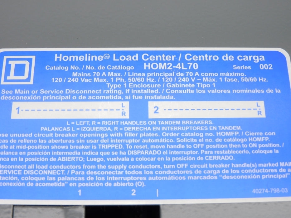 SQUARE D HOM24L70FCP SER. 002 120/240V 70A NSMP