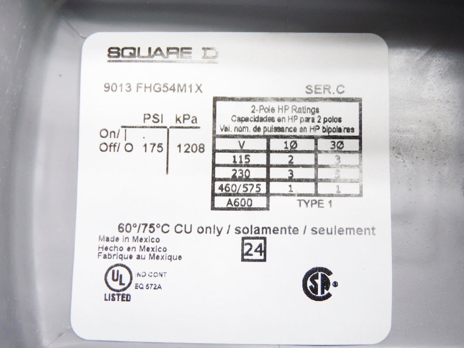 SQUARE D 9013FHG54J59M1X SER. C 175PSI (AS PICTURED) NSMP