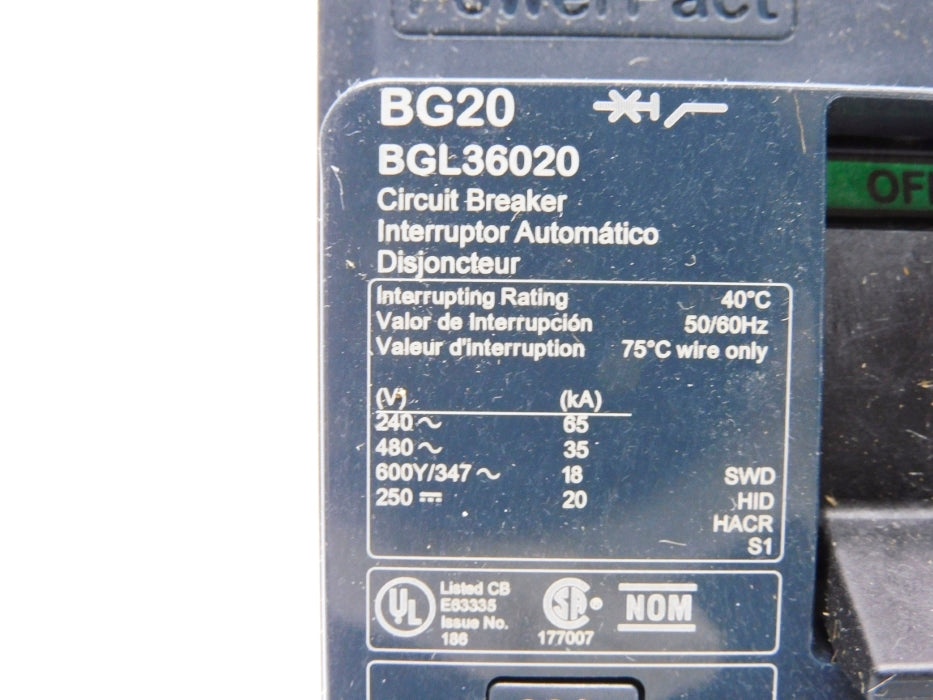 SQUARE D BGL36020 20A 480V NSMP