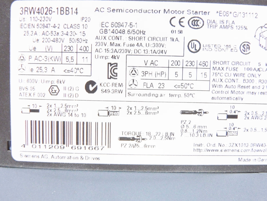 SIEMENS 3RW4026-1BB14 110/230V 10-25A NSNP