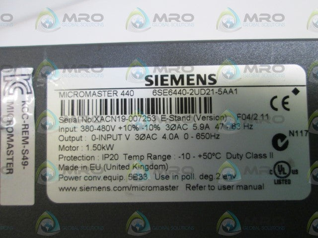 SIEMENS 6SE6440-2UD21-5AA1 (AS PICTURED) *AS IS*