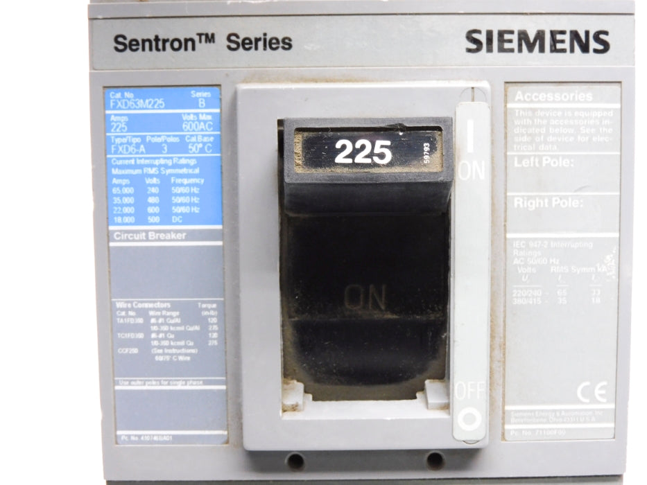 SIEMENS FXD63M225 SER. B 225A 600VAC (AS PICTURED) UNMP