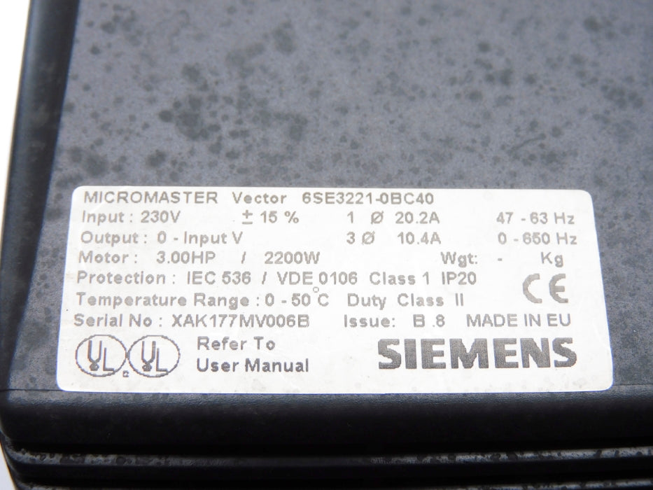 SIEMENS 6SE3221-0BC40 (AS PICTURED) REMAN