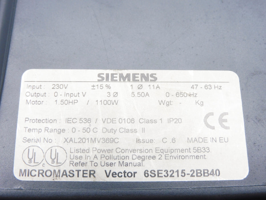 SIEMENS 6SE3215-2BB40 230V (AS PICTURED) UNMP