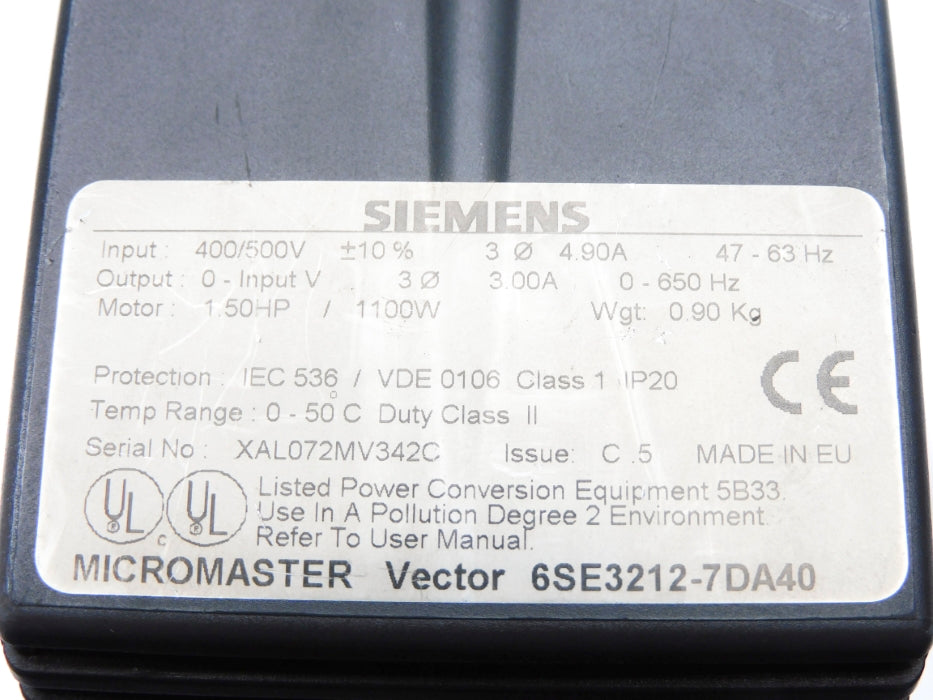 SIEMENS 6SE3212-7DA40 400/500V (AS PICTURED) UNMP
