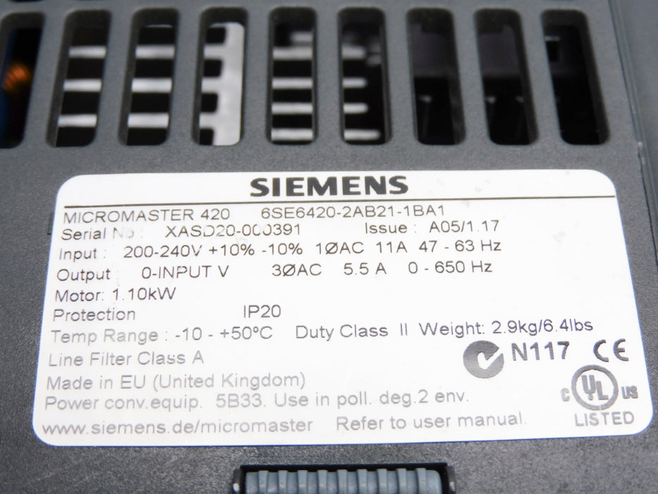 SIEMENS 6SE6420-2AB21-1BA1 (NO COVER) UNMP