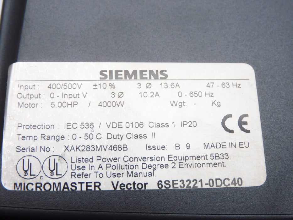 SIEMENS 6SE3221-0DC40 (AS PICTURED) UNMP