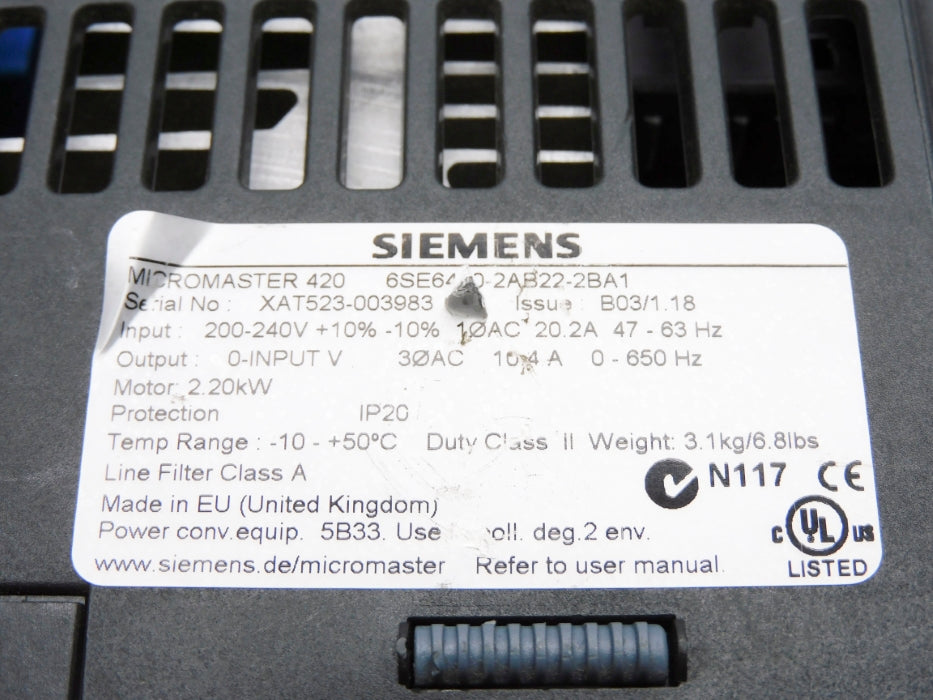 SIEMENS 6SE6420-2AB22-2BA1 (NO COVER) UNMP