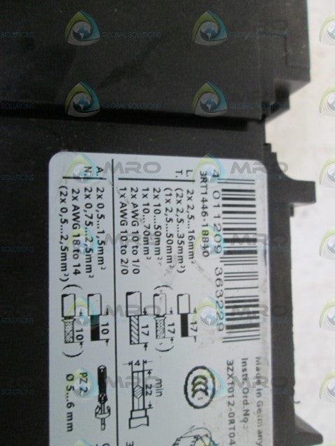 SIEMENS CONTACTOR 3RT1446-1BB40 DC24V *USED*