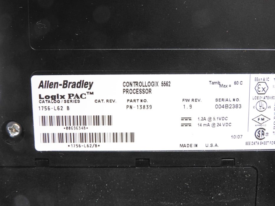 ALLEN BRADLEY 1756-L62 SER. F/W 1.9 (NO KEY) NSNP