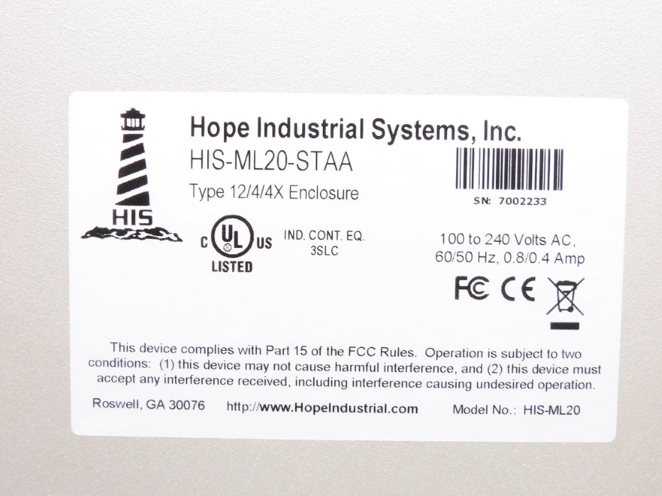 HOPE INDUSTRIAL SYSTEMS HIS-ML20-STAA (AS PICTURED) NSMP