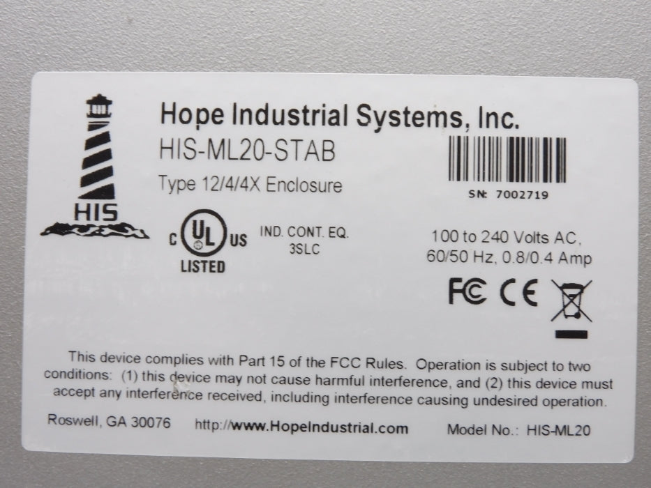 HOPE INDUSTRIAL SYSTEMS HIS-ML20-STAB (AS PICTURED) NSNP