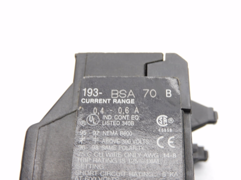 INDUSTRIAL SPARE PART 193-BSA70B SER. B 600V 0.4-0.6A UNMP
