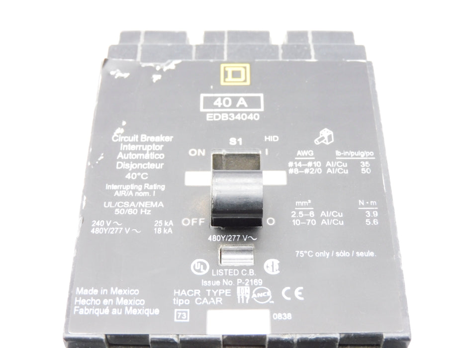 SQUARE D EDB34040 40A 480/277V UNMP