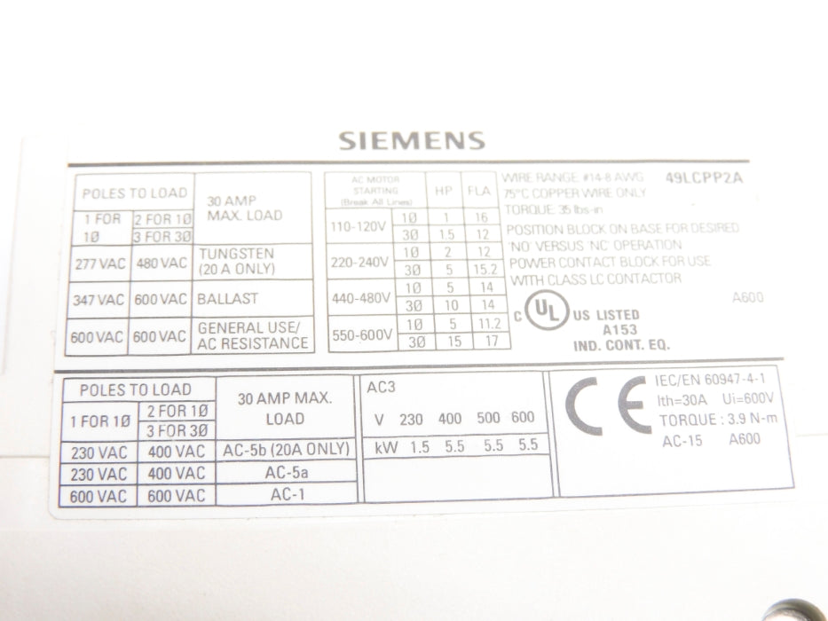 SIEMENS 49LCPP2A 600VAC 30A NSNP